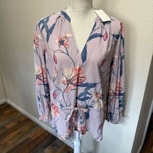 A New Day Women's Purple Floral Print Long Sleeve Tie Waist Blouse Size L - NWT